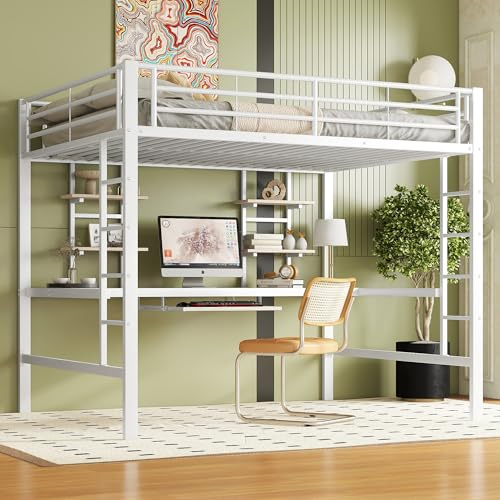 Moimhear Bettgestell Metallbett, Eisenbett, Hochbett mit Schreibtisch und Zwei Bücherregalen für Kinder, Jugendliche und Erwachsene (Weiß, 140x200cm)