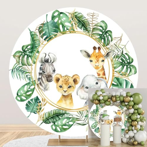 Ttincceer Dibujos Animados león Elefante telón de Fondo 150cm Selva Animal Planta Tropical Hoja Redonda fotografía Fondo recién Nacido cumpleaños bebé Ducha Tiro Fondo Banner