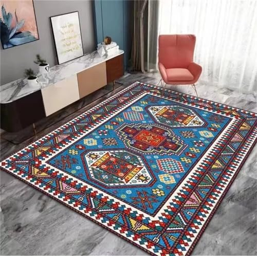 RUGMRZ Schöne Teppich 90x150CM Küchenteppiche waschbarer Wohnzimmer Blau Leicht zu reinigender Flurteppich mit Buntem geometrischem Muster