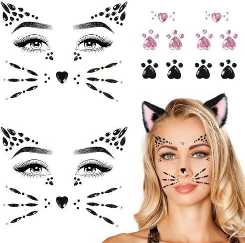 Qpout Cat Face Gems Visage Bijoux pour Femmes enfants Visage Strass Bâton sur chat moustaches costume accessoire Chat Halloween Maquillage 4 Feuilles