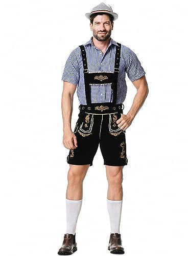 Bayerische Premium Lederhose Herren Tracht Trachtenhose Kurz Original Trachtenlederhosen für mit Trachtenhemd Kurzarm Hosenträger Trachtenhut Schwarz Trachten Trachten Kurze Oktoberfest Outfit