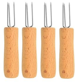Lot de 4 fourchettes à trois dents - Poignée en bois - Ergonomique - Antidérapant - Avec poignée en bois - Pour débutants en cuisine