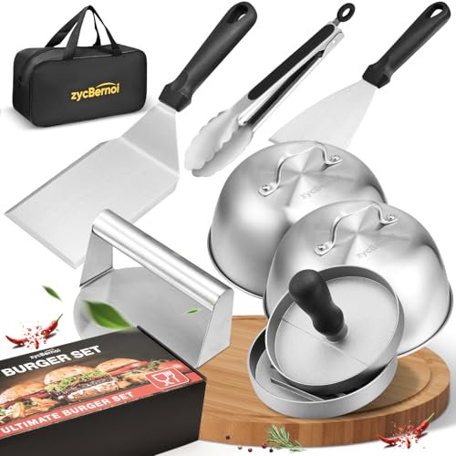 zycBernoi Smash Burger Set [8-TLG.] Burger Smasher Set mit 2 Burgerglocken, Burgerpresse, Smasher, Pfannenwender, Grillzange für Plancha,Grillplatte,Gasgrill & Feuerplatte - Inkl. Aufbewahrungstasche