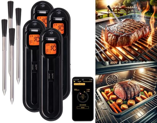 Rosenstein & Söhne Hähnchen-Thermometer: 4er-Set kabellose smarte Fleisch-, Braten- & Grill-Thermometer,BT5,App (Bratenthermometer Digital Funk, BBQ Smoker, Grillspiesse)
