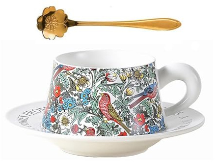 Eplze Morris Style Ceramic Cup& Saucer Set, 9oz- Birds and Floral (White)