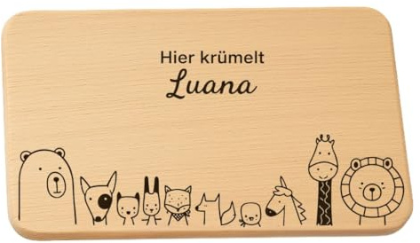 DwieDeko - Frühstücksbrettchen Kinder Holz, 10 Tier Freunde, Holzbrettchen für Mädchen und Jungen, Kinderbrettchen für Frühstück und Brotzeit, Taufgeschenk, Baby Geschenk, Geschenk zur Geburt