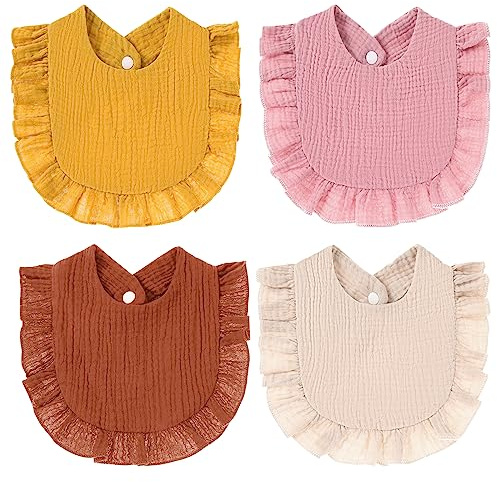 4 Pcs Coton Bavoir Doux et Absorbants, Mousseline Imperméable, Nouveau-Nés Bandana, Pour Bébé de 0-24 Mois