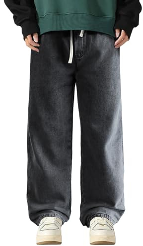 Jean thermique pour homme - Coupe ample - Épais - Stretch - Chaud - Avec doublure en peluche - Taille élastique - Pantalon de loisirs - Hiver - Polaire thermique - Jambe droite - Peluche - Jean