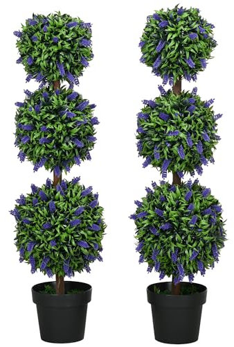 Outsunny set de 2 árboles artificiales de lavanda planta artificial grande 110 cm, plantas artificiales de plástico en maceta, flores artificiales resistentes a los rayos UV con 3 bolas para salón