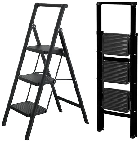 UABA Escalera Plegable 3 peldaños Negra, Liviana y compacta, peldaños Anchos Antideslizantes, Norma EN 131