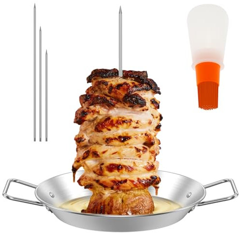 Vertical Meat Skewer for Grill Stainless Steel Vertical Skewer Grill with 3 Removable Spikes 8/10/12 Inch and Oil Bottle Brush Al Pastor Skewers Chicken Rack Stand for Shawarma Kebabs (B)