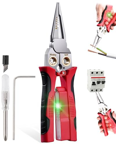 FAITIO 8 In 1 Wire Strippers with Voltage Tester, Cable Strippers/Cutters with Plier, Crimper, Splitting, Wire Stripper Tools for 10-18 AWG for Electrician Work Wire Stripping Tool RED