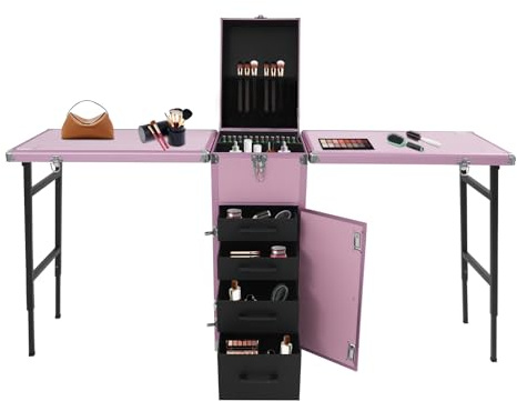 Kosmetikkoffer Rollbarer Maniküretisch Faltbare Nagelstation, Make Up Koffer Groß Kosmetik Trolley mit Schubladen und Spiegel, Tragbarer Professioneller Nageltisch Multikoffer (Rosa)