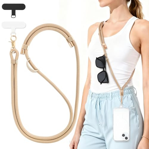 Oaridey Verstellbare Anti-Diebstahl Handykette Universal mit 2 Handy Lanyard Patches. Handyband zum Umhängen mit robustem Haken für Kopfhörer, Schlüssel, Brillen. Passt zu den meisten Handys. Khaki