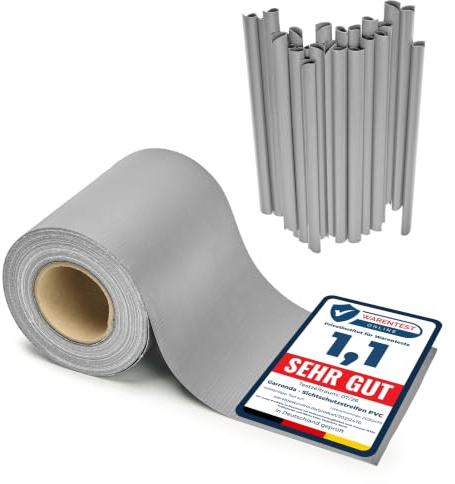 Garronda Zaun Sichtschutzstreifen 19cm x 50m PVC Grau mit Clips GD-0173 | Grau RAL7040, UV-beständig, für Doppelstabmatten, als Balkon Sichtschutz und zur Verkleidung von Zaunfeldern im Garten