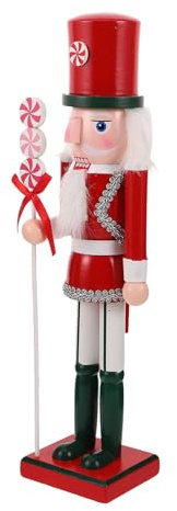 ANDRESLAD Figura Tradicional de Cascanueces de Madera Roja Piruleta Decoración Navideña de 38 CM para Estantería y Escritorio Adorno Festivo para Hogar y Fiestas Navideñas