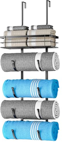 Over The Door Towel Rack, 5-Tier No Drill Towel Storage Organizer with Metal Shelf, Hanging Bath Towel Holder for Small Bathroom, Camper, Rv, Black