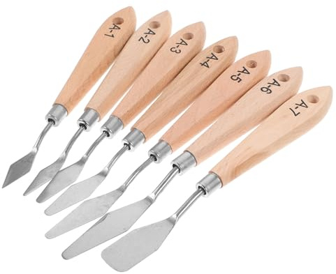 WRITWAA Set 7 Spatole per Pittura a Olio Manico in Legno Ergonomico Raschietti per Miscelare Pigmenti su Tela Strumenti Artistici per Pittori e Artisti Portatile e Facile da Pulire