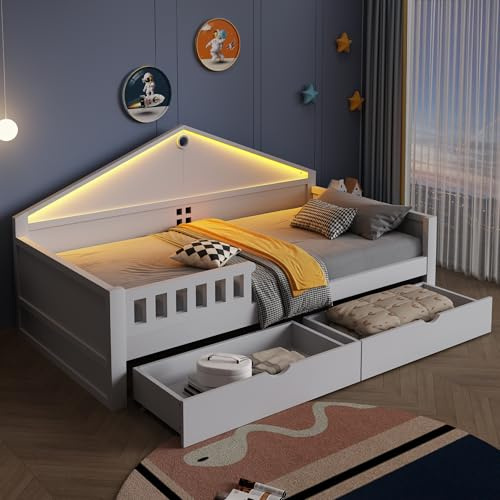 Cama infantil de 90 x 200 cm, cama individual, diseño en forma de casa con iluminación LED, con 2 cajones inferiores, cama adolescente con somier de láminas, color blanco (colchón no incluido)
