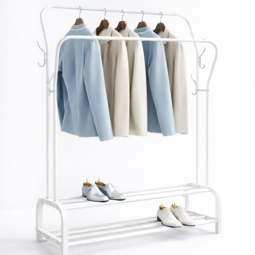 T-LOVENDO.ES Perchero Burro Doble Ropa Metálico Negro con Zapatero Inferior | Estante con Estructura Curva | Barra Colgador Resistente | Dormitorio Vestidor Entrada Organizador de Ropa y Zapatos