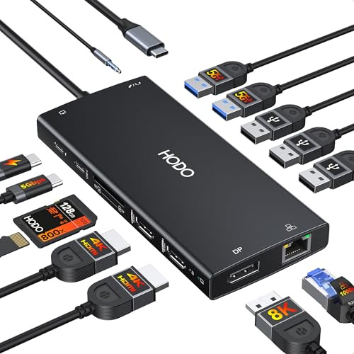 HODO Dockingstation Laptop 2 Monitore, Docking Station Triple Display | 15 in 1 USB C Hub, 2HDMI, 8K DisplayPort, Ethernet, PD, 5USB, USB C, SD TF Kartensteckplatz, Audio, EIN/Aus Taste