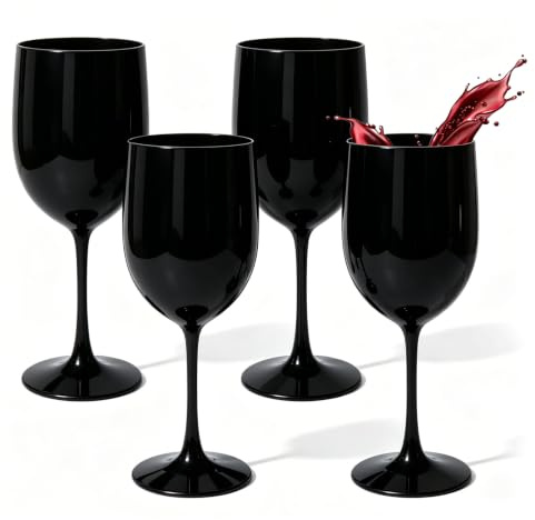 Waufoae 4 Stück Weingläser Kunststoff, Plastik Weingläser 480ML, Camping Champagner Glas Sektflöten, Sektgläser Kunststoff, Bruchsicher, Bpa Frei Für Hochzeiten, Geburtstage, Weihnachten(Schwarz)
