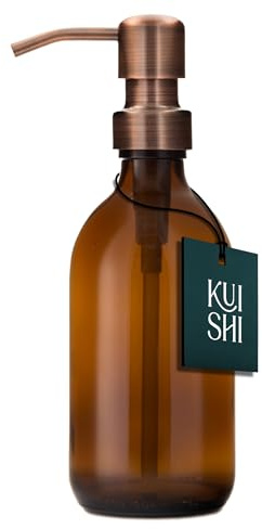 Kuishi Botella de Vidrio ámbar con Bomba de Acero Inoxidable [300ml, Bomba de Bronce], ámbar Botellas marrón Recargables Ideal para Lavado a Mano, champú, acondicionador, Gel de Ducha (sin BPA)