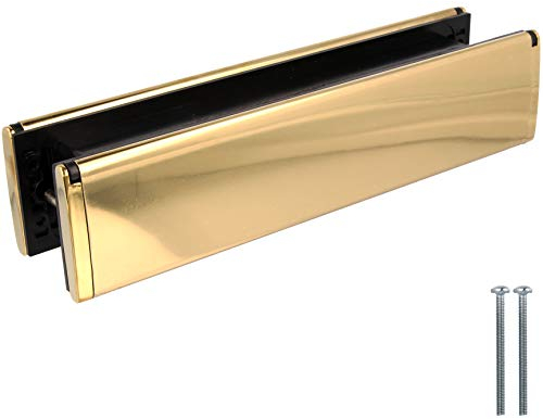 White Hinge Limited Gold Letter Box, 12 Inch Yale Letterbox Plate, Weatherproof, Letterbox for Door with Draught Excluder Brush and Sprung Flaps, Universal Fit
