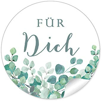 24 STICKER Für Dich Etiketten für ihr Gastgeschenk EUKALYPTUS ZWEIGE GRÜN MINT WEIß als Danksagung für Geschenktüten oder Briefe Geschenke zur Hochzeit Geburtstag Taufe, 4 cm, rund, matt