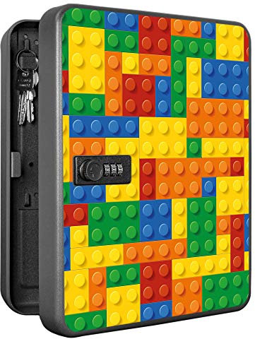 banjado Burg-Wächter abschließbarer Schlüsselkasten für 36 Schlüssel/Schlüsselkasten mit Zahlenschloss 24x30x8cm groß/Schlüsselschrank aus Stahlblech schwarz/Motiv Bausteine
