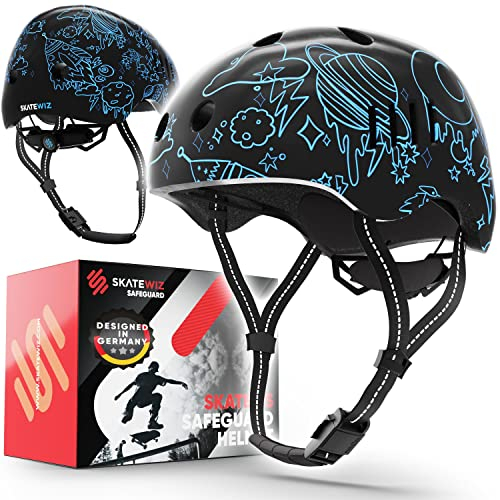 SKATEWIZ Fahrradhelm | Helm Fahrrad, Leichter Skaterhelm, Mountainbike Helm, Größe L in Schwarz-Blau Weltraum, Fahrradhelm Damen, Fahrradhelm Frauen