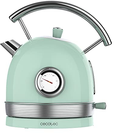Cecotec Hervidor de Agua Eléctrico ThermoSense 420 Light Green. 1,8 Litros de capacidad, 2200 W, Medidor de Temperatura, Base 360º, Acero Inoxidable, Estilo Vintage, Verde