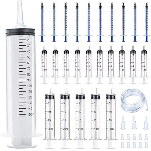 AFAIK Spritzen 150ml Spritze 1ml 5ml 20ml Spritze Ohne Nadel set 26Stk | Schlauch mit Gummi Schlauch und Konverter für Wissenschaftliche Laborexperimente,Industrielle Nutzung die HaustiereFütterung