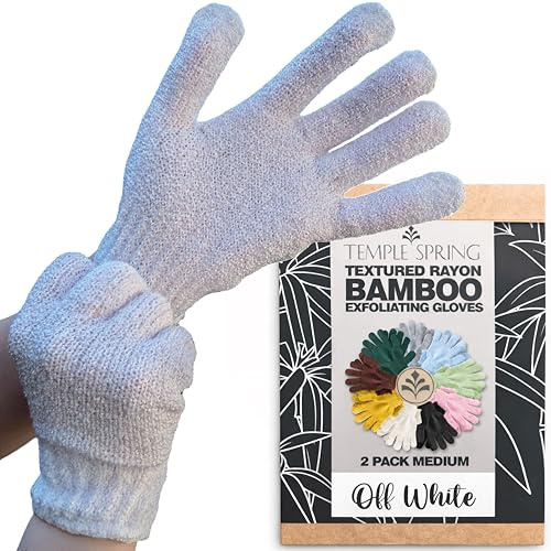 Temple Spring Shower Gloves Exfoliating for Women – Natural Textured Rayon Bamboo Exfoliating Glove with Thicker Weave for Deep Cleansing, Dead Skin Removal & Smooth Radiant Skin (1 Pair, Off-White)