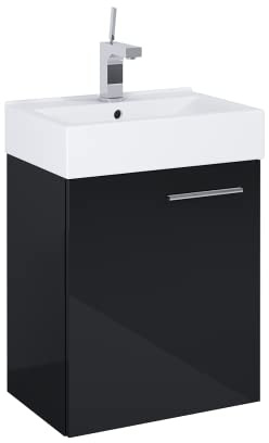 VBChome Badmöbel Set 45 cm Weiß/Schwarz – Waschbecken mit Hängeschrank, Badezimmerschrank mit Soft-Close Unterschrank, Moderner 1-türiger Waschtisch, Schwarz Glanz & Weiß Keramikwaschbecken, Elegant