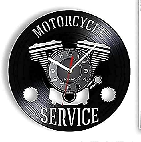 AVJERA Wall Clock Battery Operated Silent Non-Ticking Motorcycle Service Shop Hanging Sign Workshop Wall Clock Motorbike Repair Record Clock Garage Deco Wall Clock