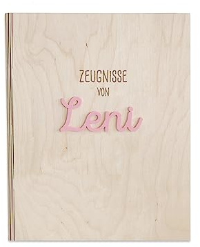 Personalisierte Zeugnismappe aus Birkenholz mit Acryl Namen - Individuelles Geschenk zur Einschulung - DIN A4 - Zeugnisringbuch Mädchen & Jungen - hellomini (Clean rosa)