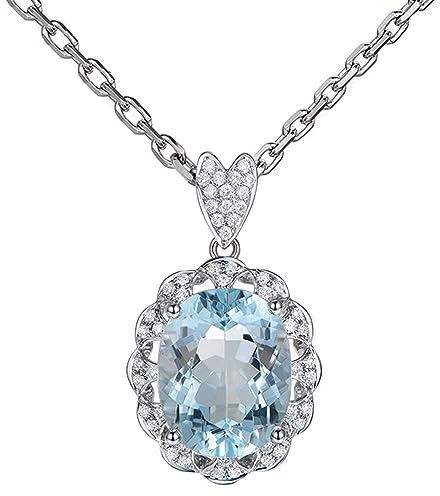 AMDXD 18 Karat Weiß Gold Au750 Halskette, Blumen Anhänger Damen Kette Hochzeit Aquamarin Ovalschliff Hell Blau, Diamant Frau Ketten Echt Goldschmuck mit Zertifikate 45+5cm
