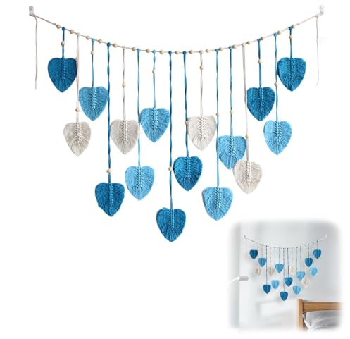 Vordpe Arazzo da parete in macramè con foglie bohémien, grande tessuto per donne, camera da letto, soggiorno, cameretta dei bambini, idea regalo (blu)