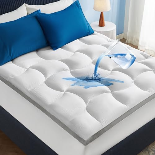 Bedsure Pillow Top King Mattress Topper - King Mattress Protector with 8-21 Inches Deep Pocket, 800 GSM Extra Thick Waterproof Bed Pad Fitted, Soft Bed Cover for Home, Bedroom, Hotel - White
