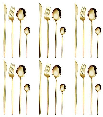 Couverts de Table en Acier Inoxydable, Lot de 24 Ensemble d'ustensiles Avec Couteau à Steak, Fourchette et Cuillère, Set de Couverts pour 6 Personnes avec Boîte, Cadeau de Noël (Doré)
