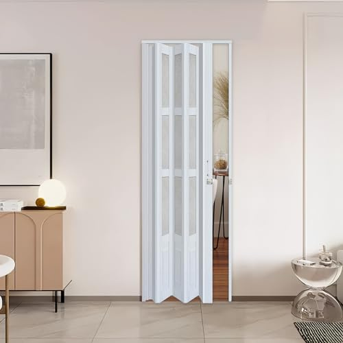 CCBOYSHARDWARE 32X80in Accordion Door Interior with Frosted Acrylic, PVC Folding Door with Lock & Handle, Double Magnetic Sliding Door for Closet, Pantry& Room Divider,Easy to Clean,Trimmable