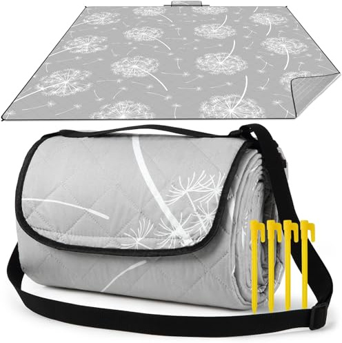 Aptliton Picnic Blanket, 200 x 200 cm, Large Waterproof Picnic Mat with 4 Stakes Carry Strap for Camping, Park, Garden, Beach, Outdoor, Machine Washable, Foldable and Portable, Dandelion Grey