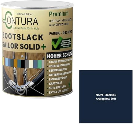 Contura Bootslack Farbig GLÄNZEND Yacht- Buntlack Metall Holz GFK Holzlack Boot Farblos (Stahlblau - RAL 5011 Analog, 1 LIter)