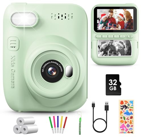 GREENKINDER Appareil Photo Instantané Enfant, 3.0 Grand Écran 14 MP Appareil Photo Enfant avec Carte de 32 Go & Papier d'impression, Appareil Photo Numérique Enfant Cadeau pour Enfants 3-12 Ans