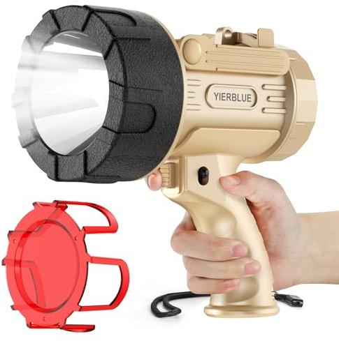 YIERBLUE Rechargeable Spotlight 1000,000 Lumen LED, IP67 Waterproof Handheld Flashlight, 3 Adaptable Settings Spot Light with Red Filter
