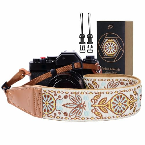 Padwa Lifestyle Kameragurt - 2“ Vollnarbenleder Kameragurte für Fotografen, Vintage bestickt Baumwollgewebe weiches Wildleder Stoff gepolstert Riemen Schnellspanner passt alle Kameras - Weiß gewebt