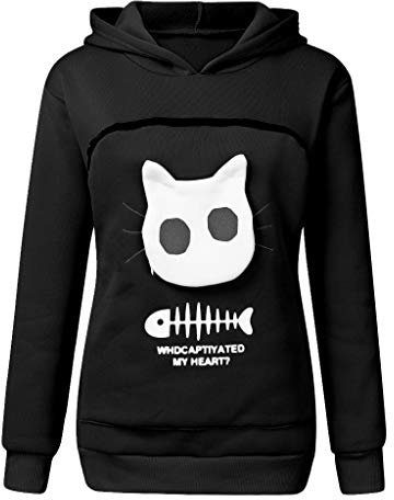 Damen Pullover Kapuzenpullover Hoodie Pullover mit Katzentasche - Niedlicher Pulli mit Hundetasche - Katzen Hoodie mit Haustier Tasche - Katzenpullover mit Beutel für kleine Haustiere