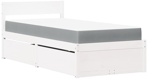 vidaXL Bett, Bettgestell mit Schubladen Taschenfederkernmatratze, Holzbett für Schlafzimmer, Einzelbett, Weiß 100x200cm Massivholz Kiefer