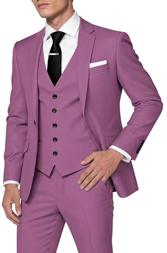 HUUTOE 3-teilige Herrenanzüge Slim Fit Abschlussball Anzüge für Männer Hochzeitskleid Anzug Sommer Blazer Jacke Weste Hose Smoking Set, Flieder, L